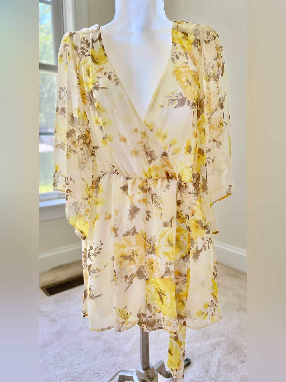 Charlotte Russe Yellow Floral Wrap Romper with Flutter Sleeves, Medium